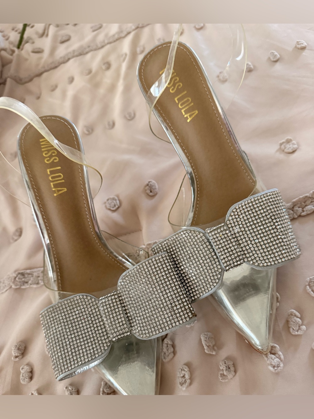 Miss Lola Silver Crystal Bow Pointed Slingback Heels